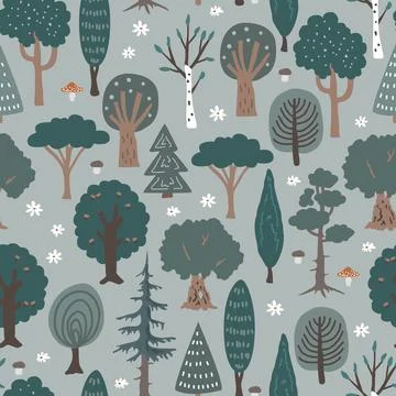 Doodle hand drawn trees and bushes. Vector forest background. Cartoon flat イラスト素材