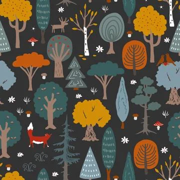 Doodle hand drawn trees and bushes. Vector autumn forest illustration on dark Stock Illustration