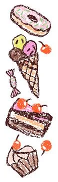 Doodle hand drawn vertical sweet food set. Crayon, pencil Stock Illustration