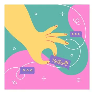 Doodle hand. Hello message. Arm holding dialog speech bubble. Online messenger Stock Illustration