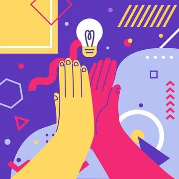 Doodle hand. High five clap. Idea lamp. Solution searching. Successful 스톡 일러스트
