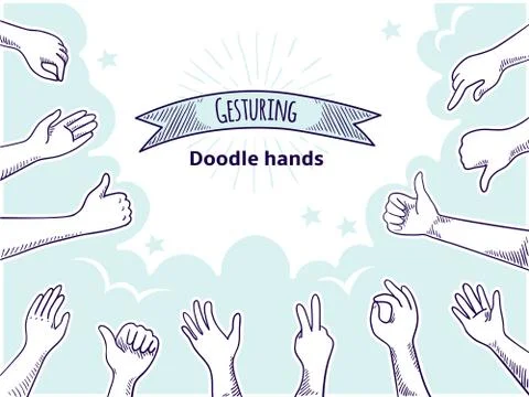 Doodle hands like dislike. Happy client hand drawn concept, thumb up and Stock Illustration