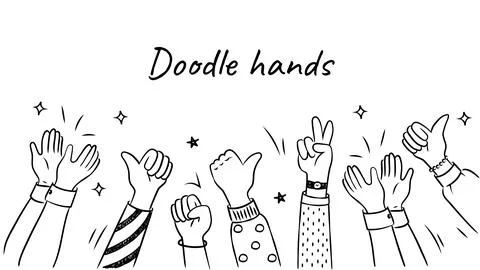 Doodle hands set. People raise their hands up and show thumbs up. Expression and Stock Illustration