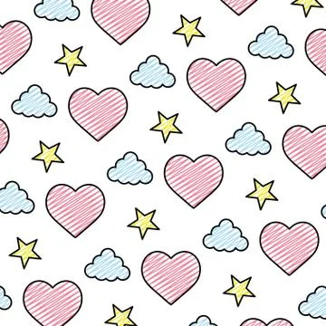 Doodle heart and cloud with bright star background Stock Illustration