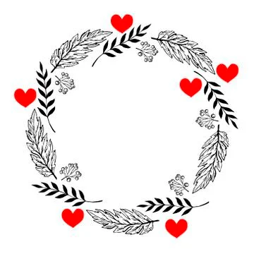 Doodle heart and leaf circle frame on a black background. Wreath of leaves.  Stock Illustration