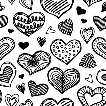 Doodle heart icons seamless patterns. Freehand drawings backdrop. Spots, drops Stock Illustration
