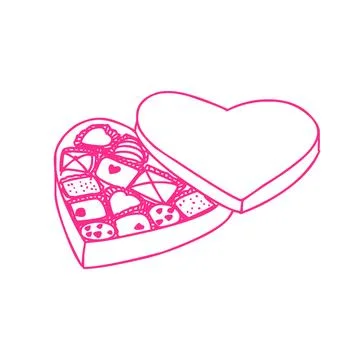 Doodle Heart Shaped Opened Candy Box Icon Stock Illustration