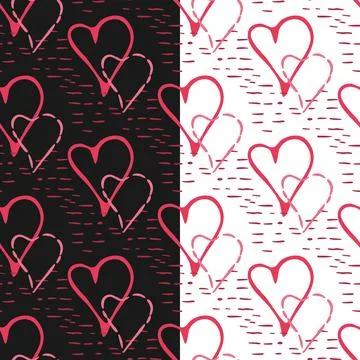 Doodle hearts seamless pattern, vector, hand drawn sketching ink brush lines Stock Illustration