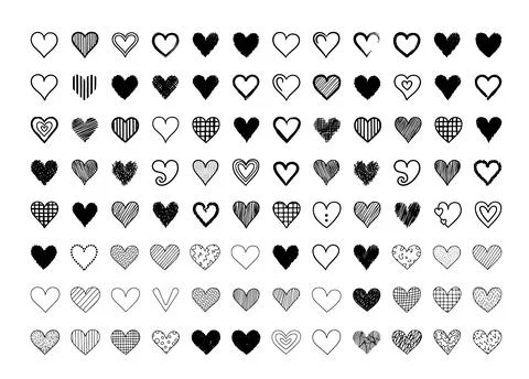 Doodle Hearts Set Hand Drawn Grunge Texture Love Symbols Collection Stock Illustration