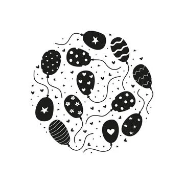 Doodle helium balloons in circle. Stock Illustration