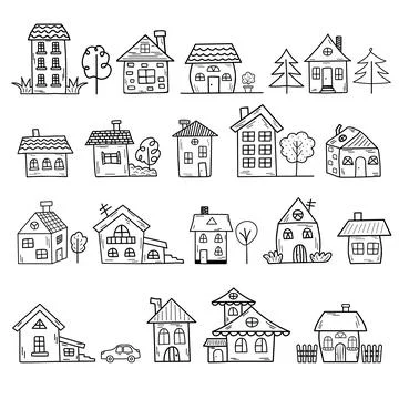 Doodle home set. Hand drawn cute houses of different shapes and types. Stock Illustration