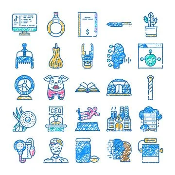 Doodle icon collection representing diverse business and technology concepts 库存插图