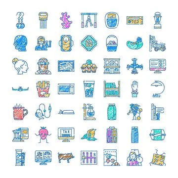 Doodle icon collection representing various objects and concepts Stock Illustration