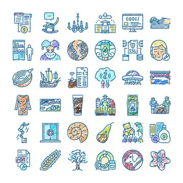 Doodle icon collection of various objects and concepts Stock Illustration