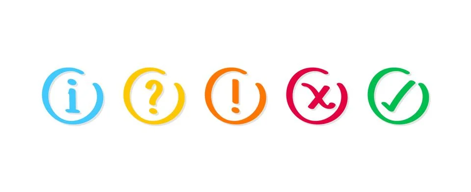 Doodle Icon set of check mark, cross, question mark, exclamation point, inf.. Stock Illustration