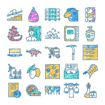 Doodle icon set displaying abstract concepts and varied objects Stock Illustration