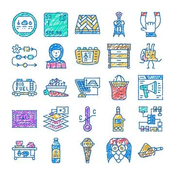 Doodle icon set displaying science and industry concepts Stock Illustration