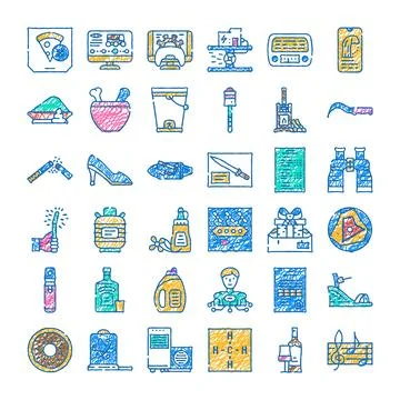 Doodle icon set displaying various items and concepts Stock Illustration