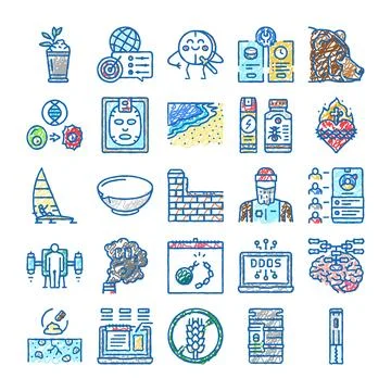 Doodle icon set displaying various business and technology symbols Stock Illustration