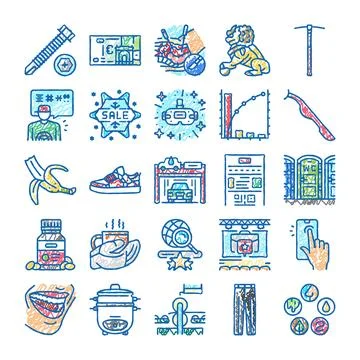 Doodle icon set displaying various items and concepts Stock Illustration