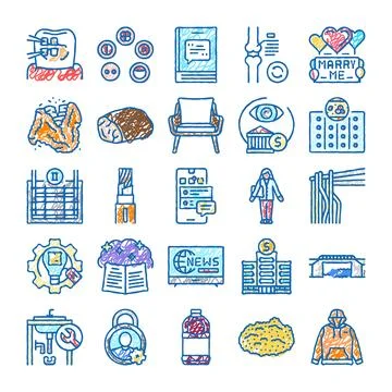 Doodle icon set illustrating various concepts and everyday life Stock Illustration