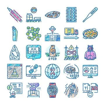 Doodle icon set illustrating various concepts and objects Illustrazione stock
