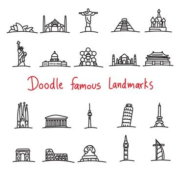 Doodle icon set of world landmarks hand drawn isolated on white background 스톡 일러스트