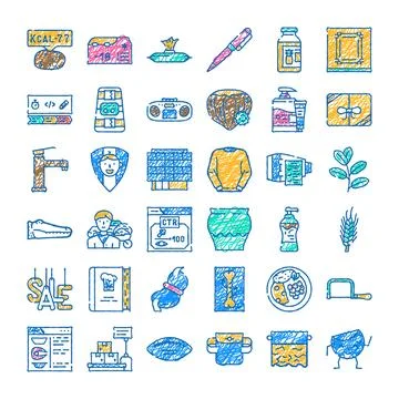 Doodle icons collection representing everyday objects and concepts Stock Illustration
