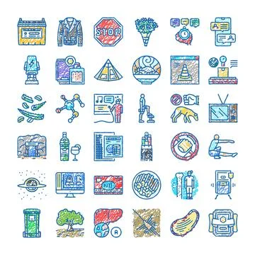 Doodle icons collection representing various concepts and symbols Stock Illustration