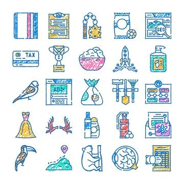 Doodle icons diverse collection drawing concept designs Stock Illustration
