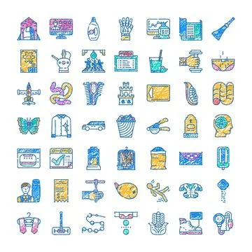 Doodle icons illustrating everyday objects and diverse concepts set Stock Illustration