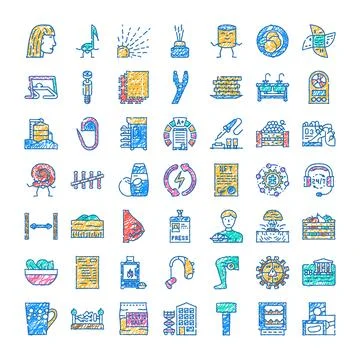 Doodle icons illustrating various objects and abstract concepts Stock Illustration