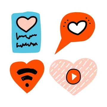 Doodle icons set. Shape heart love and online video showing sign. Speech bubb Illustrazione stock