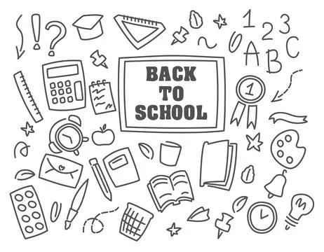 Doodle illustration back to school, black line, transparent background, pat.. Stock Illustration
