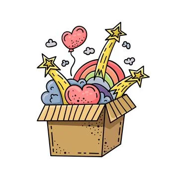 Doodle illustration of a magic box with hearts, clouds and rainbows. Cartoon  Stock Illustration