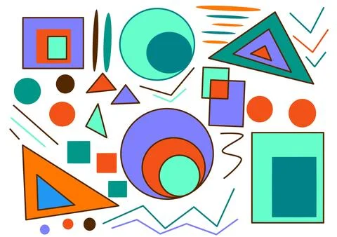 Doodle illustration, various multicolored geometric shapes and figures Stock Illustration