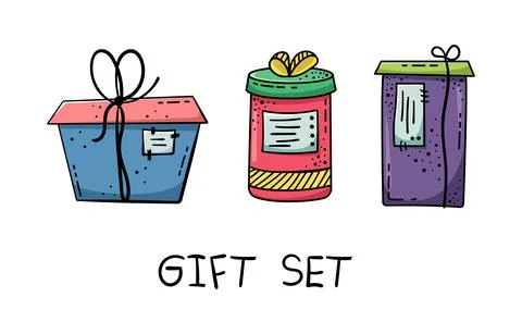 Doodle illustrations of beautiful gift boxes. A gift packed in a beautiful bo Illustrazione stock