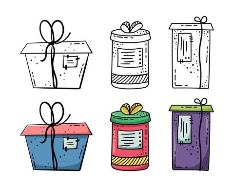 Doodle illustrations of beautiful gift boxes. A gift packed in a beautiful bo 스톡 일러스트
