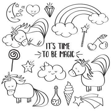 Doodle items collection with unicorns and other fantasy magical elements. For Stock Illustration