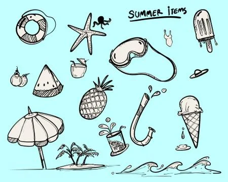 Doodle items for summer, set of vector for summer symbol, doodle style Stock Illustration