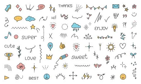 Doodle japanese style line elements. Hand drawn simple emphasis and sparkles イラスト素材
