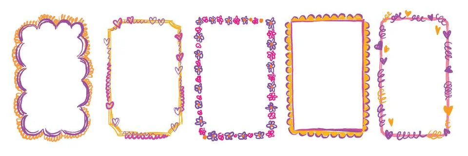 Doodle kids frame set, scribble hand drawn border, vector school album Stock-Illustration