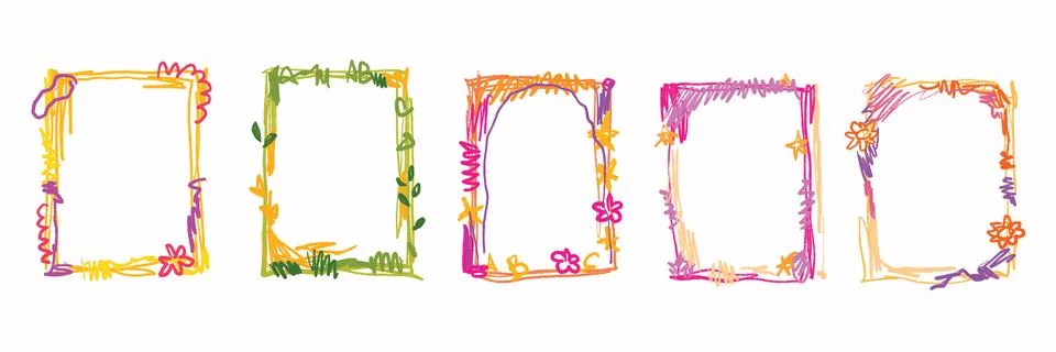 Doodle kids frame set, vector hand drawn scribble border, school album Stock Illustration