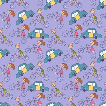 Doodle kids transportation pattern with bicycle car element. cute hand drawn  Stock Illustration