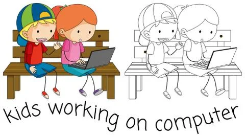 Doodle kids working on computer 스톡 일러스트