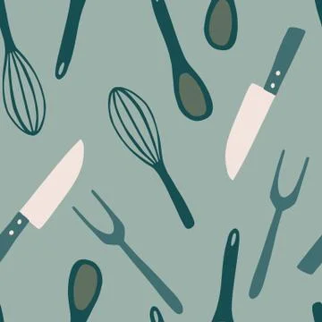Doodle knife, spoon, fork, corolla ornament seamless pattern. Kitchen cooking Stock Illustration