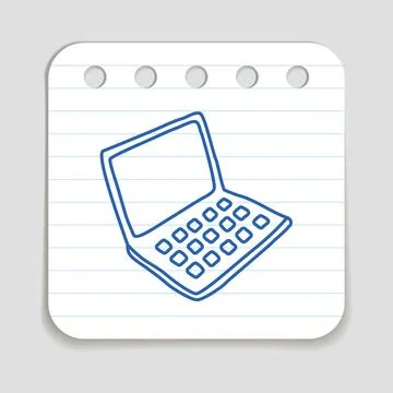 Doodle Laptop Computer icon, blue pen hand drawn symbol on a notepaper piece Stock Illustration