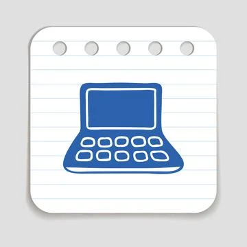 Doodle Laptop Computer icon, blue pen hand drawn symbol on a notepaper piece Stock Illustration