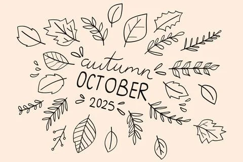 Doodle Leaves Fall Line Drawing Autumn October 2025 Stock Illustration