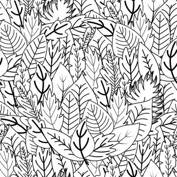 Doodle leaves seamless pattern. Whimsical plants coloring page. Black and white Stock Illustration